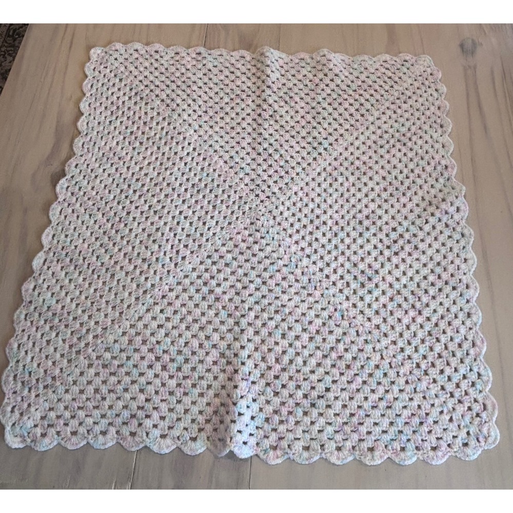 Handmade Crochet Baby Blanket Pastel Pink Blue White Granny Square Scalloped 27"